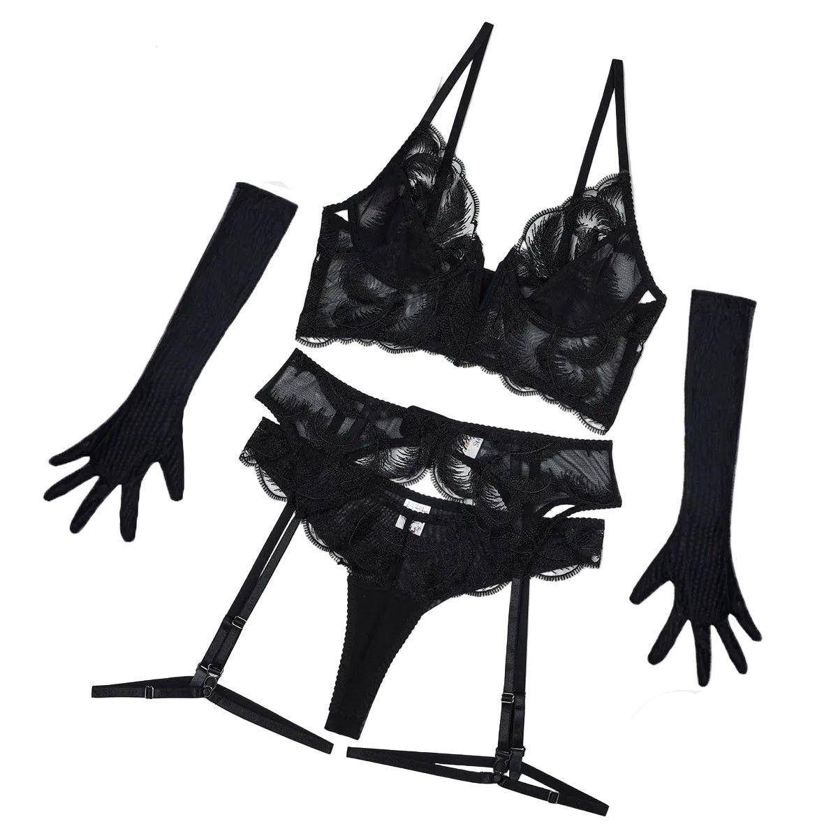House Of Dasein Deep V Belt Steel Ring Gathering Side Folding Embroidery See Through Underwear Five Piece Set - Black - L Main image