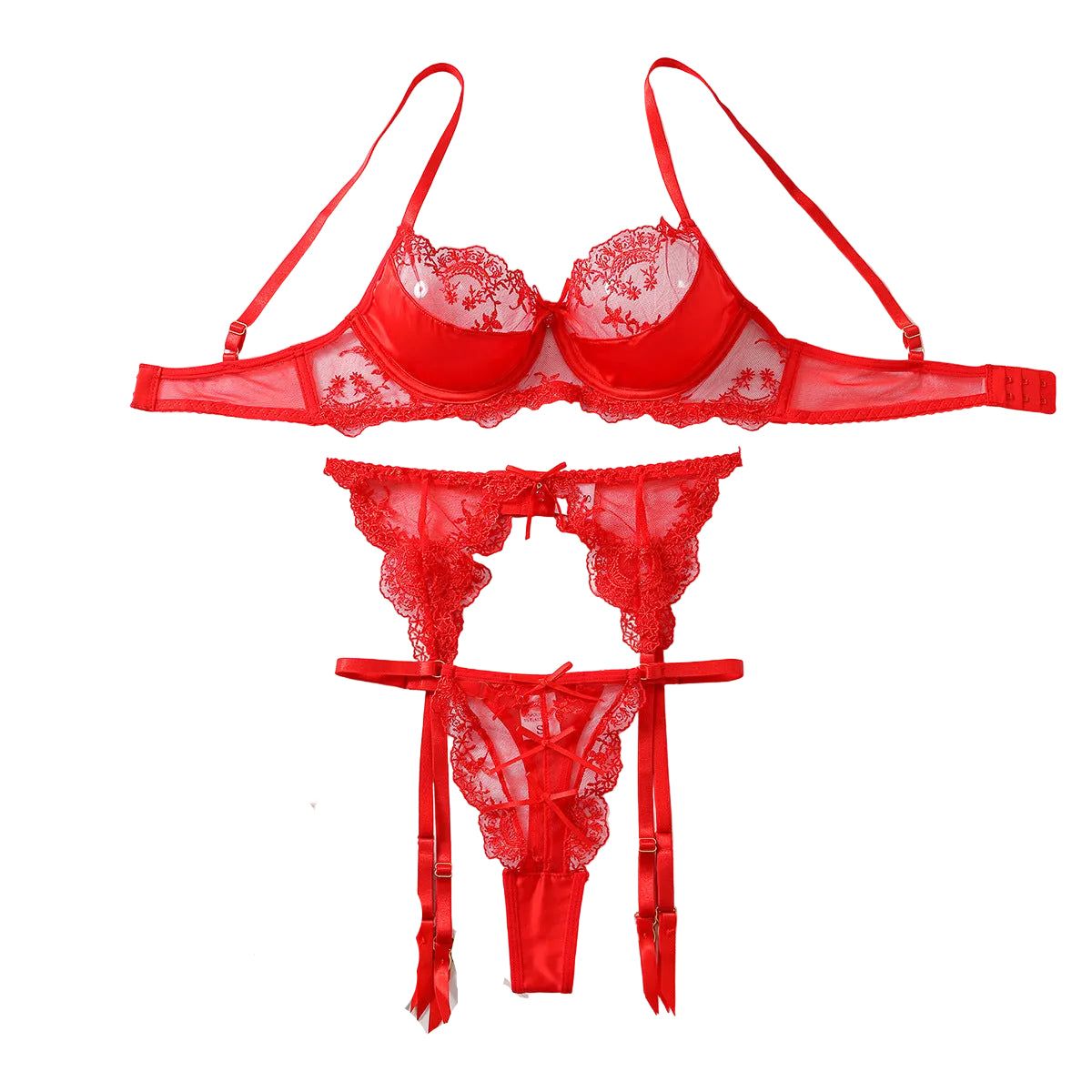 House Of Dasein Hanging Socks Body Shaping Split Set Embroidered Mesh Perspective Three Piece - Red - S