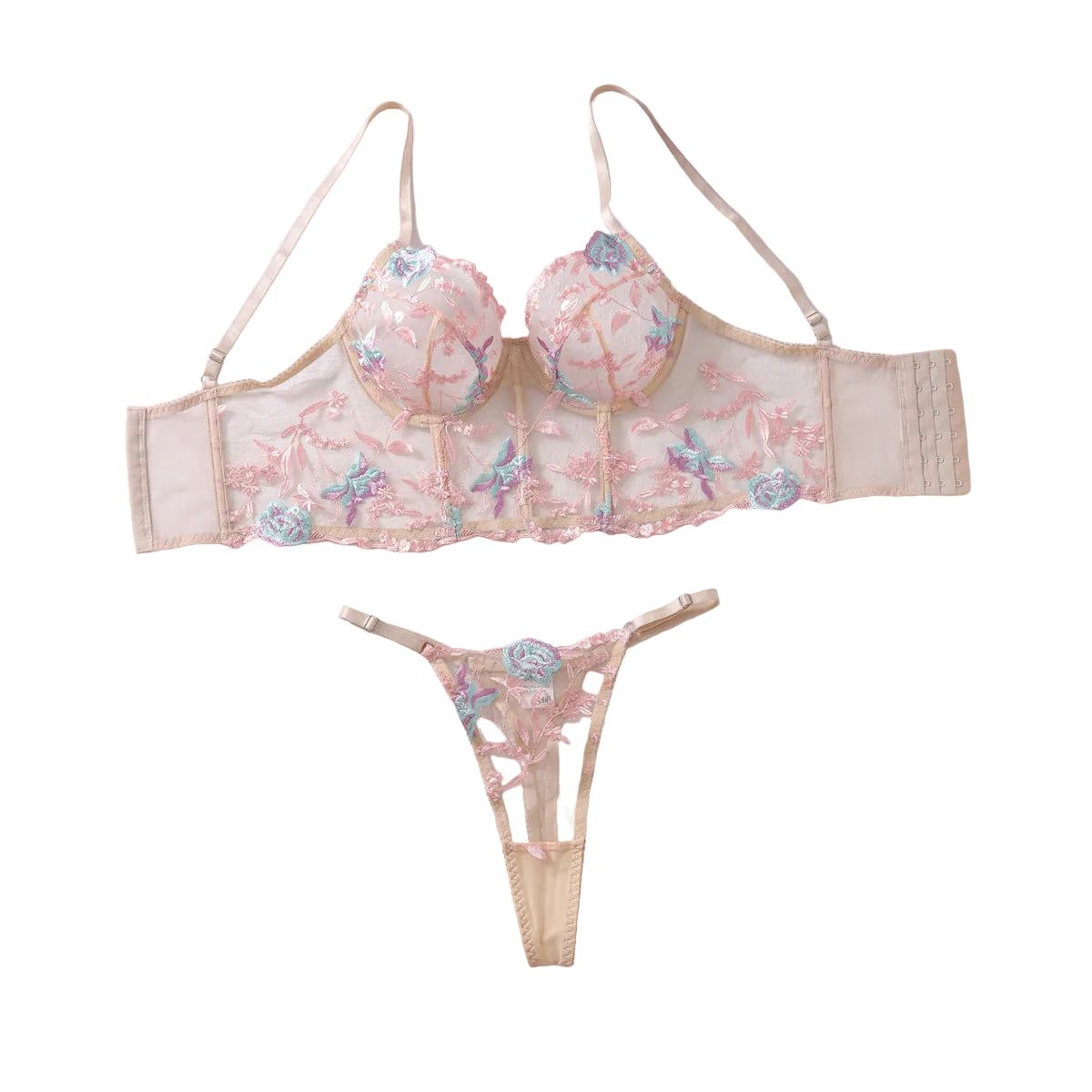 House Of Dasein Colorful Flower Embroidery Sexy Back Perspective Lingerie Bra Two Piece Set - Skin Purple - L Main image
