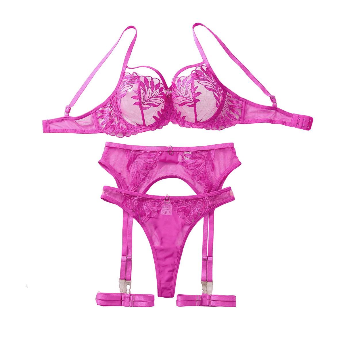 House Of Dasein Embroidered Lace Mesh Transparent Comfortable Underwear Four Piece Set - Rose Red - S