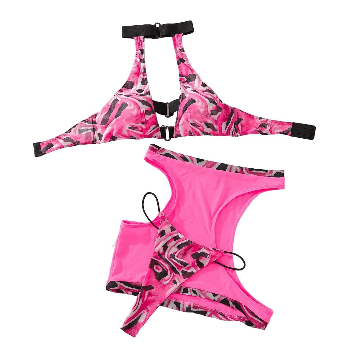 House Of Dasein Color Blocked Hollow Hanging Neck Sex Suit Sexy Backless Transparent Short Skirt Three Piece Set - Black Pink - L