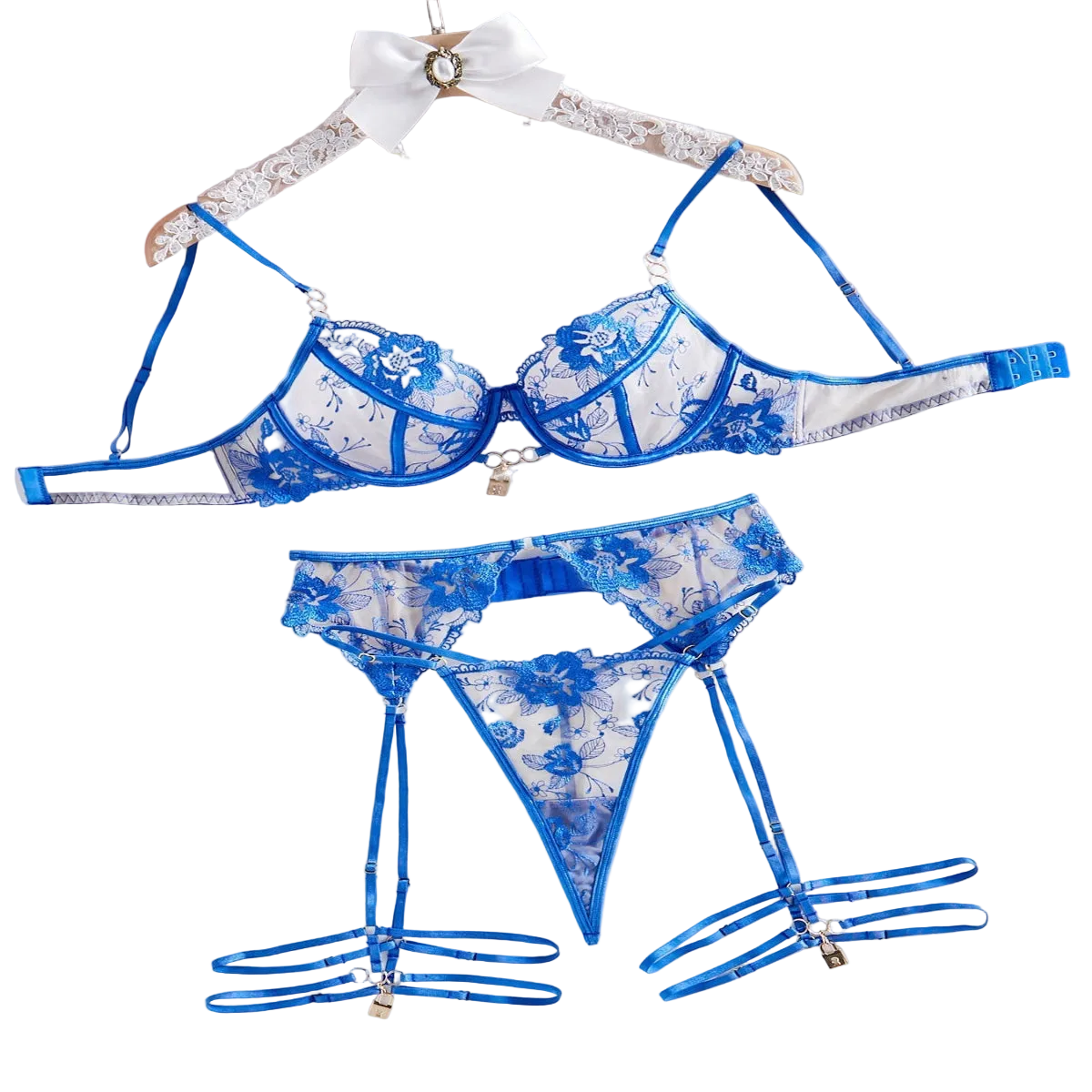 House Of Dasein Perspective Embroidery Sexy Lingerie Garter Belt Leg Ring Three Piece Set With Steel - Blue - L Main image