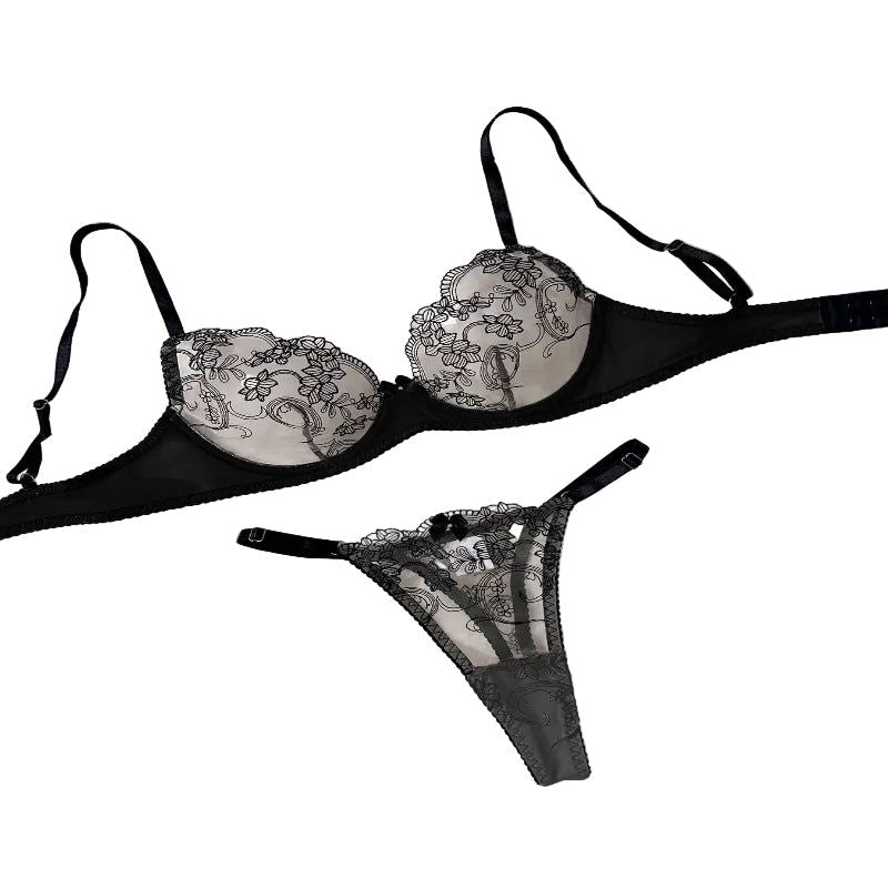 House Of Dasein Flower Leaf Embroidery Women's Three Point Transparent Erotic Lingerie Set - Black Skin Color - M