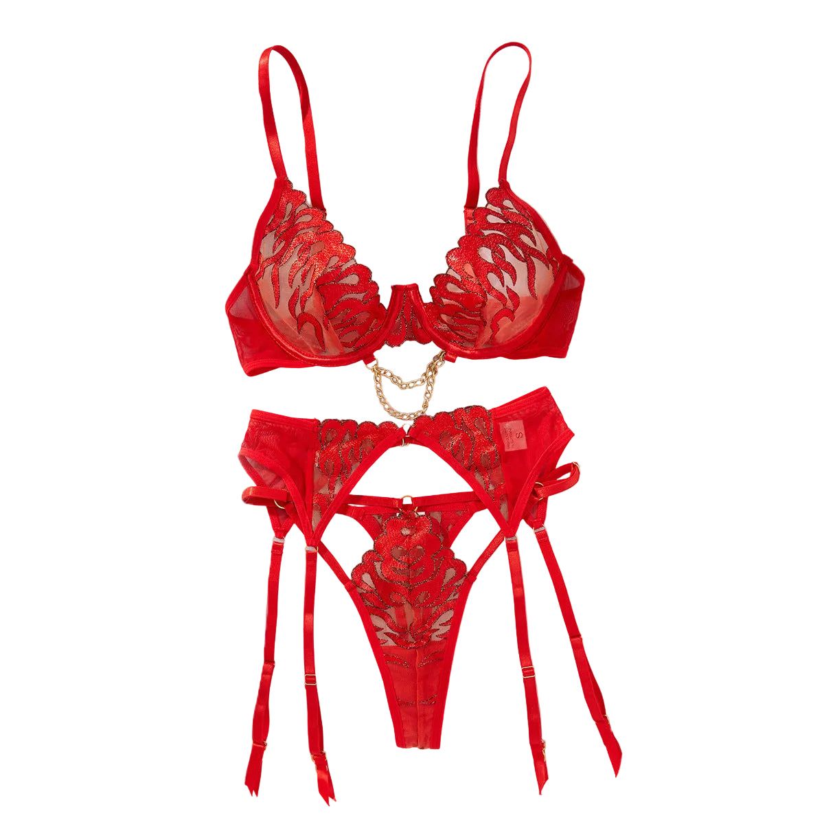 Flame Embroidered Sexy Chain Bra Hollow Ribbon Wedding Fun Underwear 3 Piece Set - Red - M
