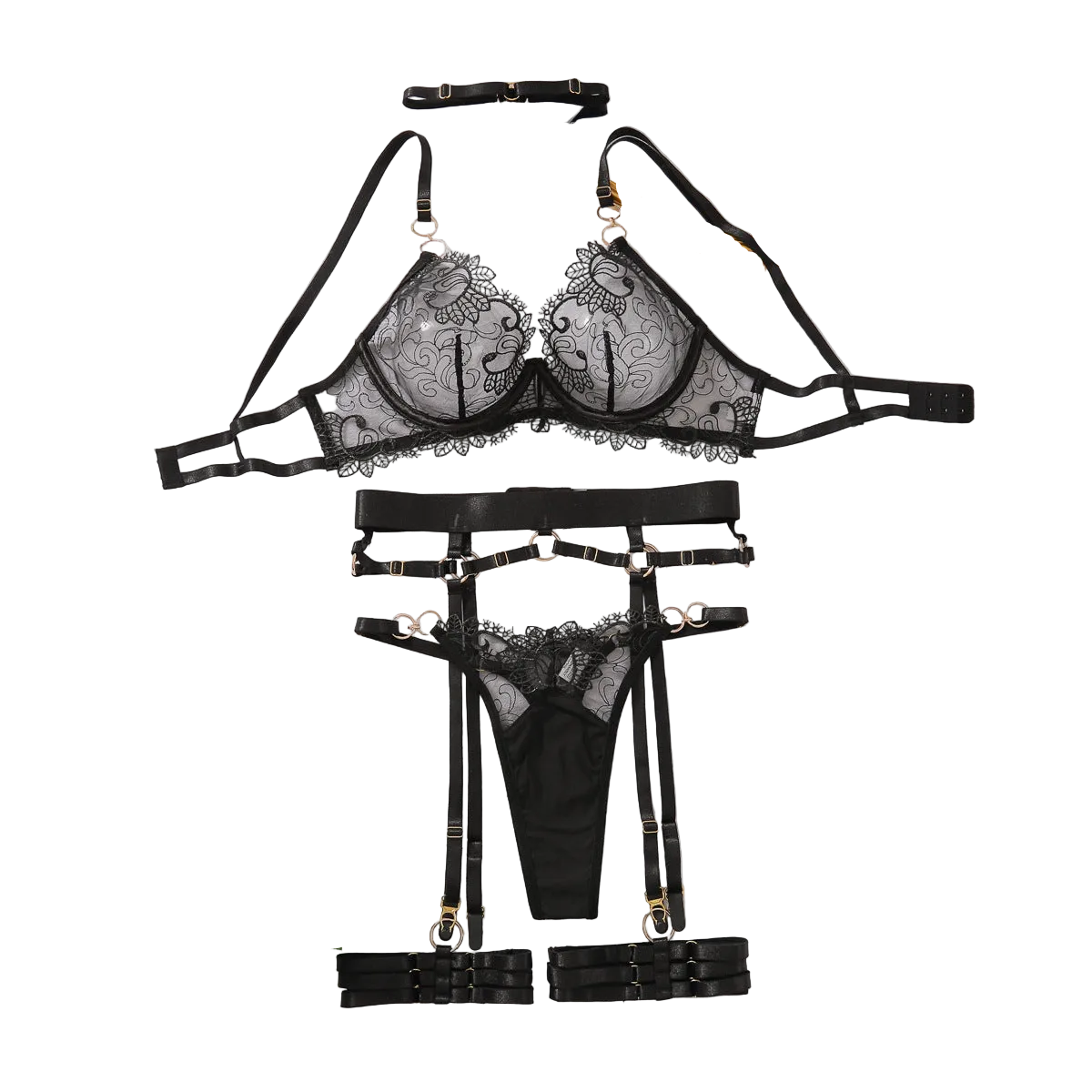 House Of Dasein Female Deep V-Belt Lingerie Set With Steel Ring Sexy Low Cut Seductive Bra - Black - L