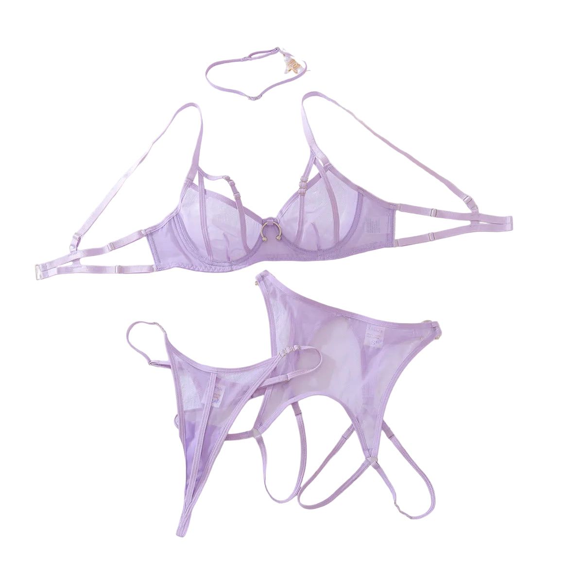 House Of Dasein Purple Spicy Girl Perspective Bra Set Erotic Lingerie Underwear Four Piece - Purple - L