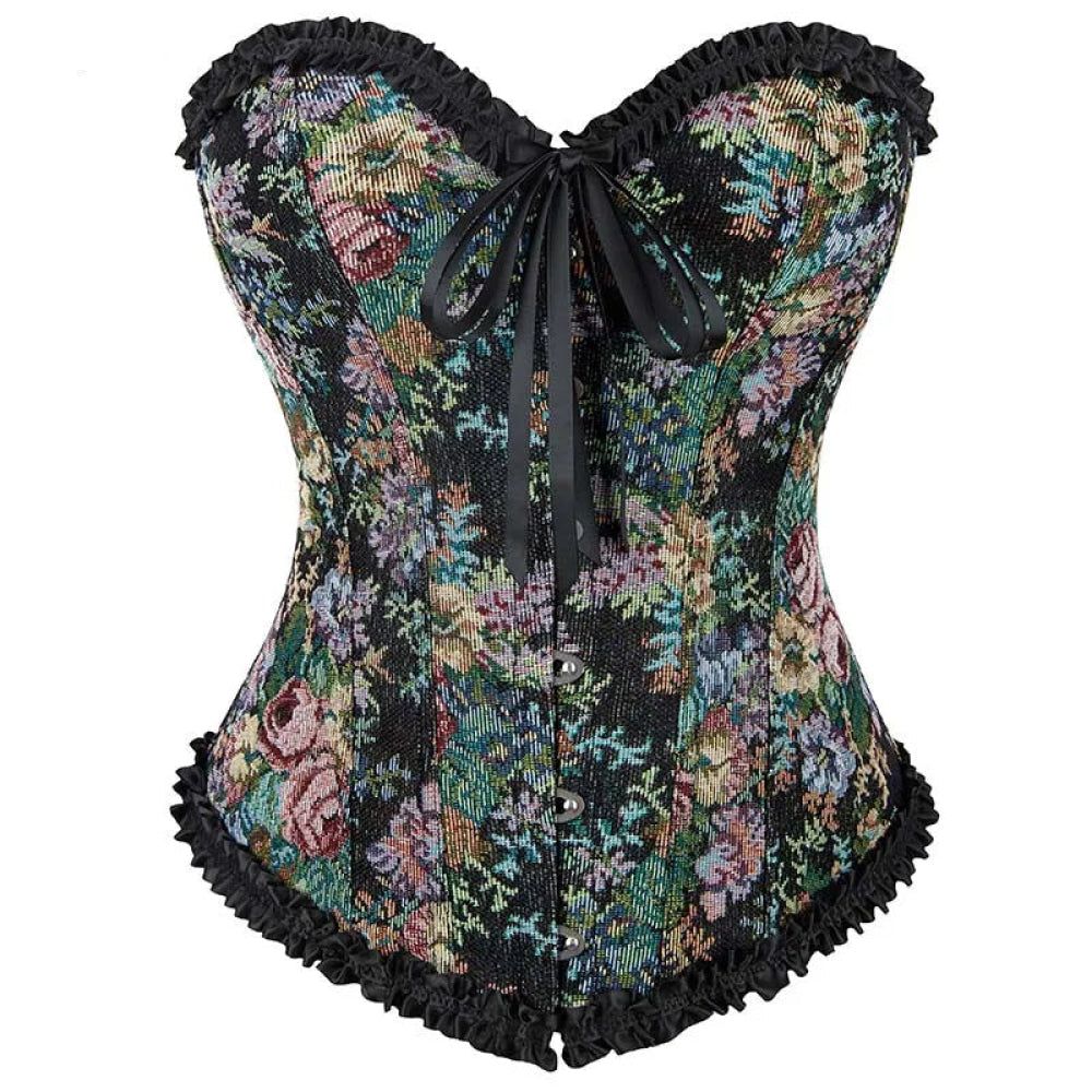 House Of Dasein Rose Print Denim Jeans Corset Black Burlesque Renaissance Vintage - Xs