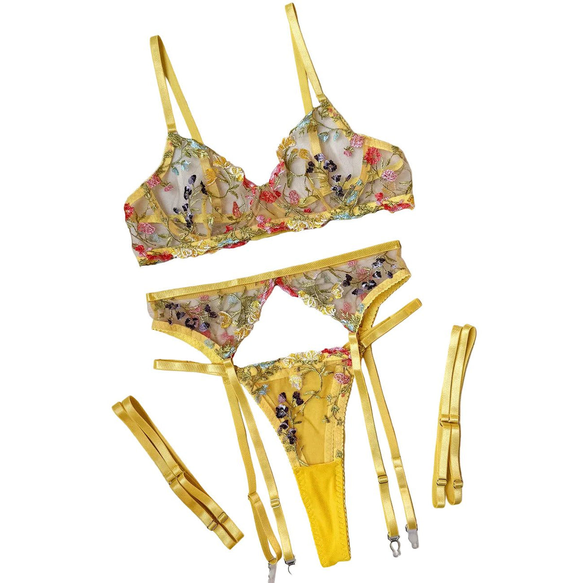 House Of Dasein Transparent Floral Embroidered Lingerie Set Exquisite And Sexy Underwear - L
