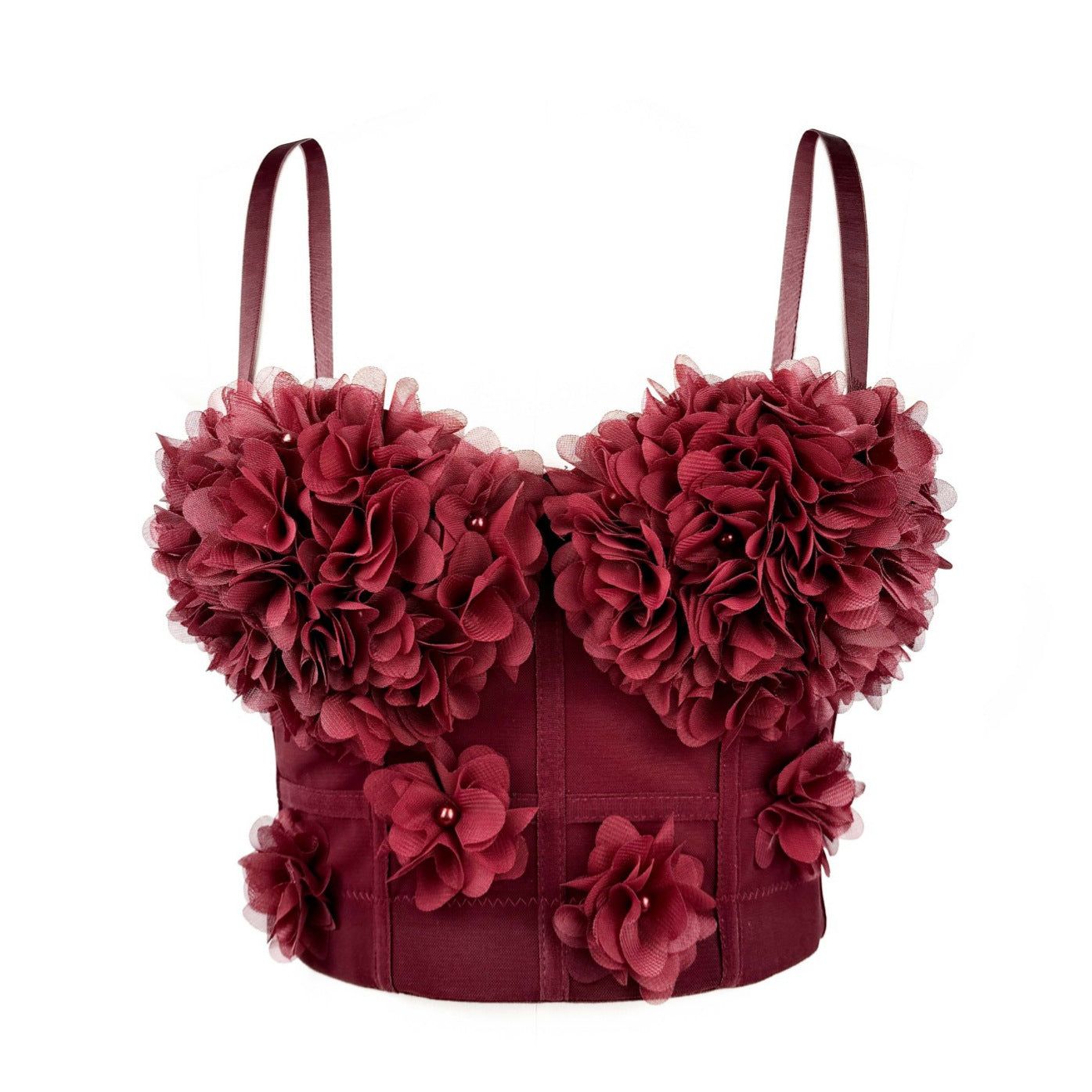 House Of Dasein French Mesh See Through Fishbone Corset With Chest Cushion Three Dimensional Flower Shaped Outerwear Beautiful Back - Red - 38C/85