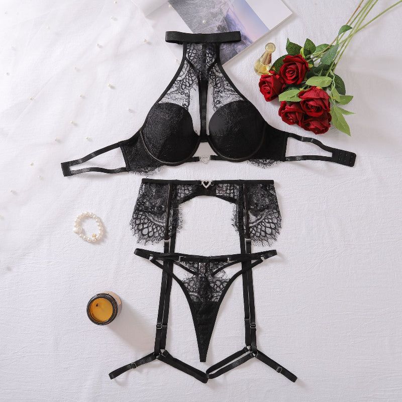 House Of Dasein Sexy Lace Hollow Steel Ring Gathering Neck Hanging Underwear Three Piece Set - Black - M