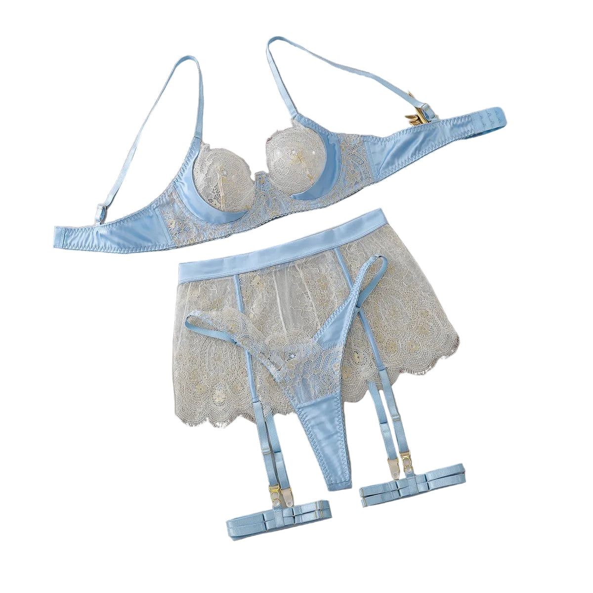 House Of Dasein Sexy Lace Fashion Hollowed Out Perspective Lingerie And Underwear Four Piece Set - L