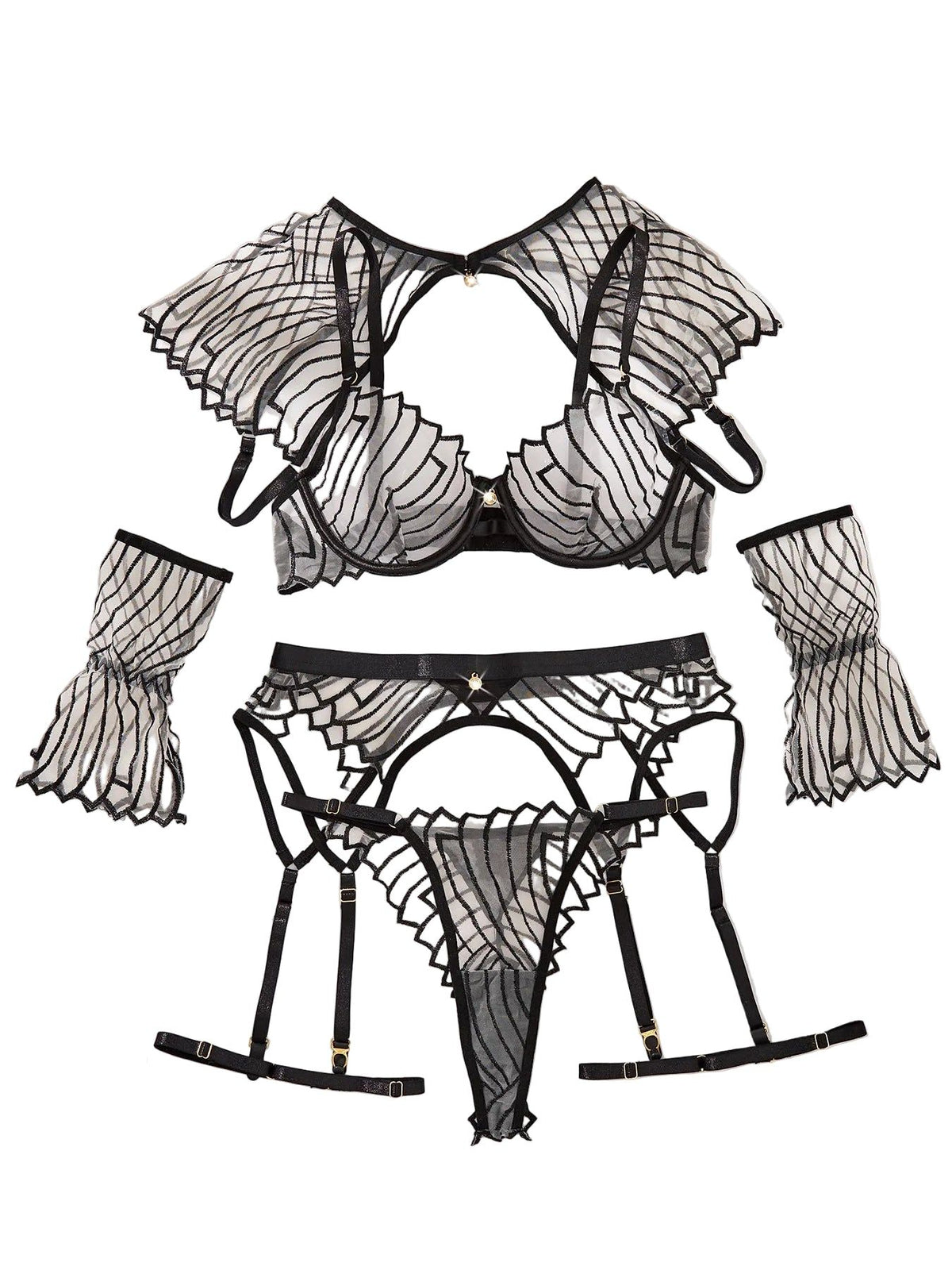 New Perspective Design Embroidered Shawl Garter Belt Sexy Underwear Six Piece Set - Black Skin Color - L