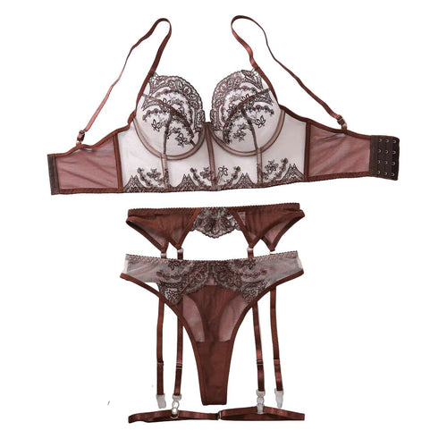 House Of Dasein French Sexy Embroidery Flower Soft Steel Ring Lace Bra Underwear Set - Brown - S
