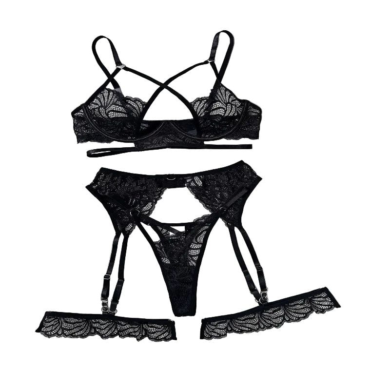 Adult Black Lace Patchwork Sexy Bra Set - Black - M