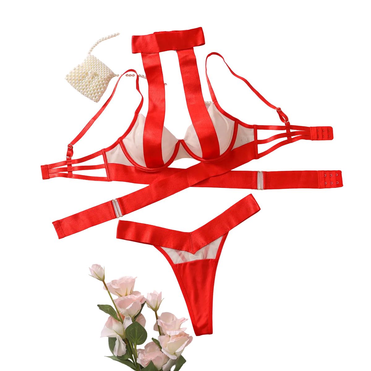 House Of Dasein Splicing Mesh Cross Underwear Perspective Hollow Back And Low Cut Charm Two Piece Set For Women - Red Skin Tone - L
