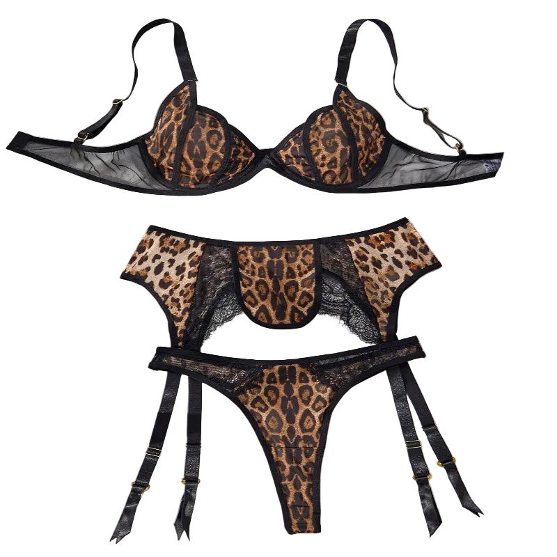 House Of Dasein Splicing Sexy Leopard Print Set Low Cut Gathering Lingerie Three Piece - Leopard Print Color - L