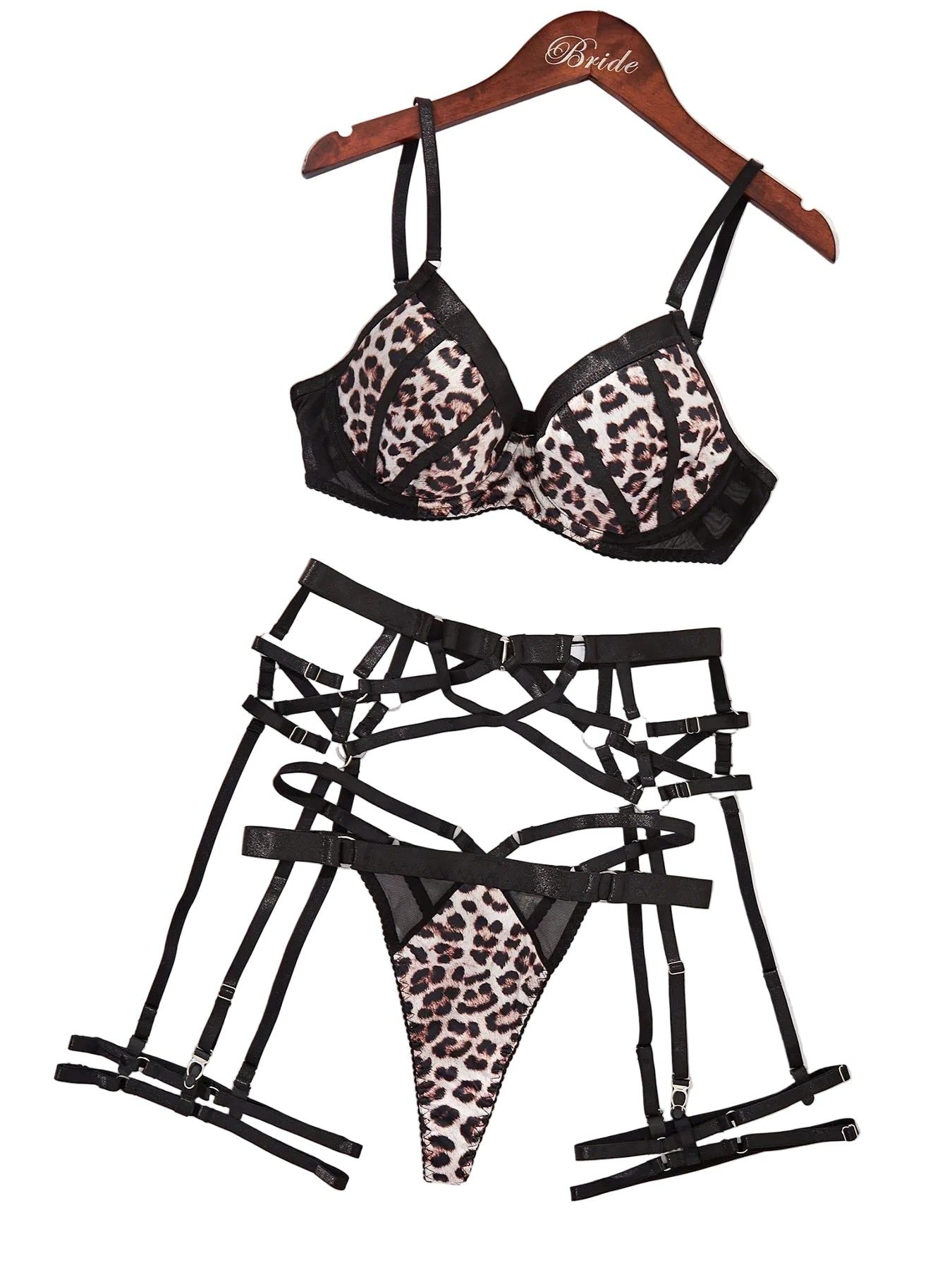 House Of Dasein Sexy Bra Set With Leopard Pattern Splicing 4 Piece - L