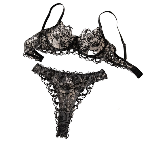 House Of Dasein Black Embroidered Lace Thin Transparent Underwire Bra Sexy Lingerie Women's Set - Black - S