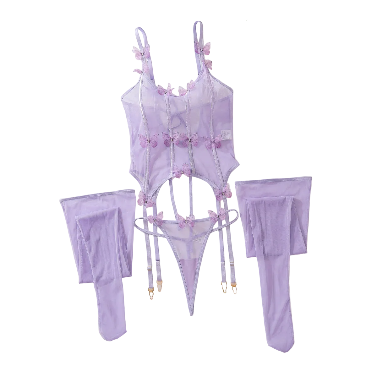 House Of Dasein Purple Butterfly Set Sexy Lace Underwear 3-Piece - Light Purple - M
