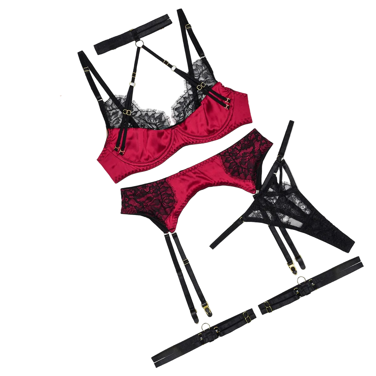 House Of Dasein Sexy Set Embroidered Splicing Lace Body Shaping Underwear Four Piece - Black And Red - L