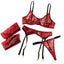 House Of Dasein Arrival Sexy Mesh Printed Leopard Pattern Transparent Push Up Set With Stockings - Red - M