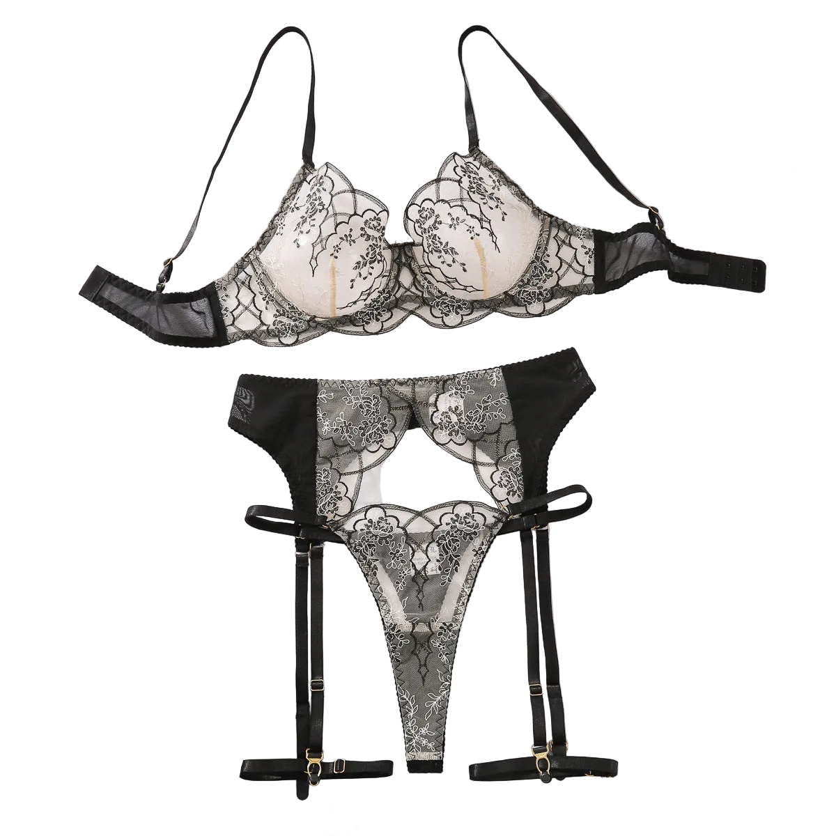 House Of Dasein Steel Ring Gathering Bra Set Mesh Splicing Embroidery Lace Sexy Lingerie Four Piece - Black Skin Color - L