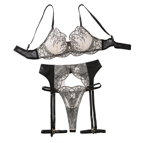 House Of Dasein Steel Ring Gathering Bra Set Mesh Splicing Embroidery Lace Sexy Lingerie Four Piece - Black Skin Color - L