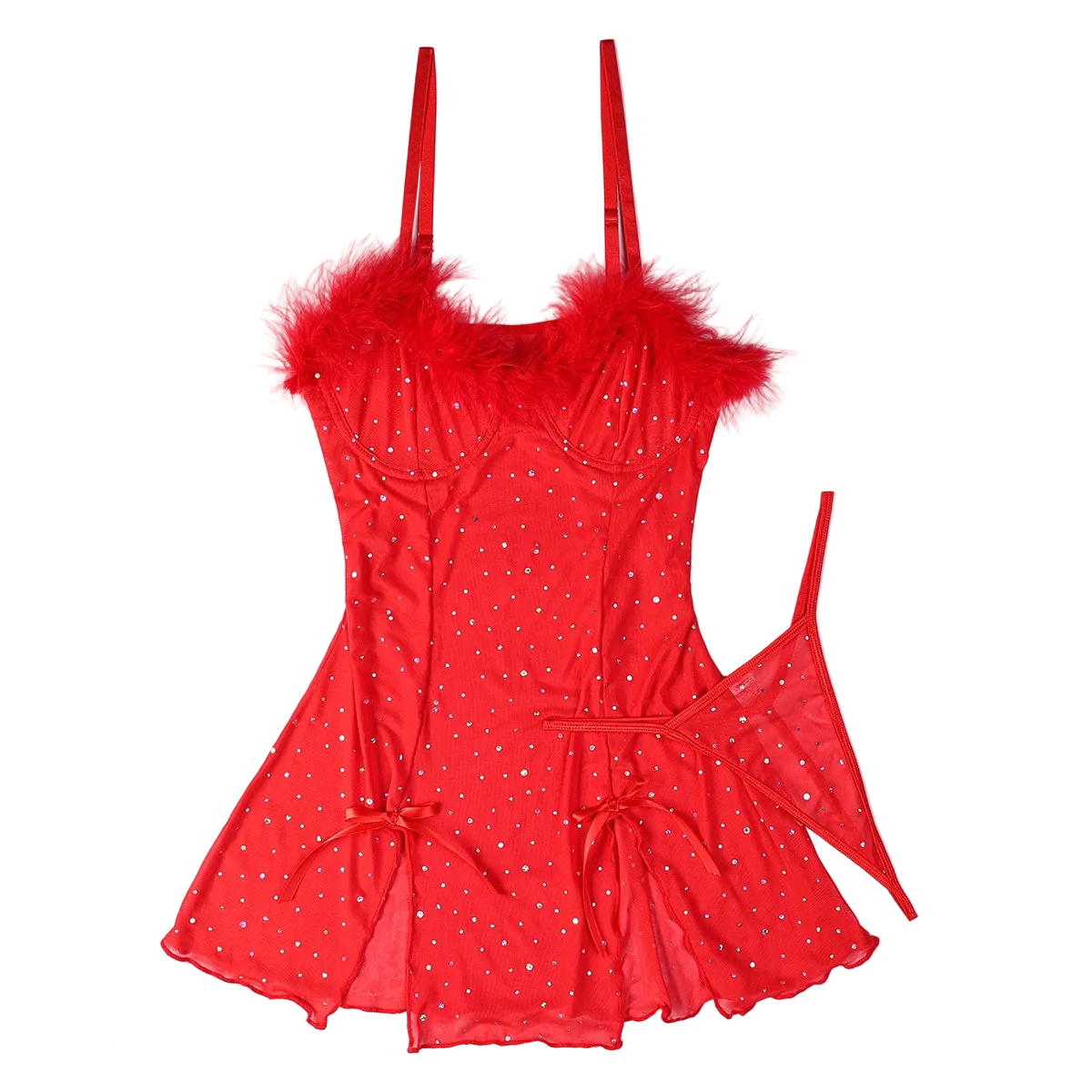 House Of Dasein Sexy Rhinestone Crystal Feather Splicing Sheer Mesh Slit Dress Two Piece Set For Women - Red - L