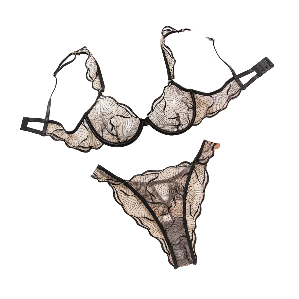 Underwear Sexy Thin Transparent Pure Desire Embroidery Large Chest Minimizer Push Up Bra And Panty Set - Black - L