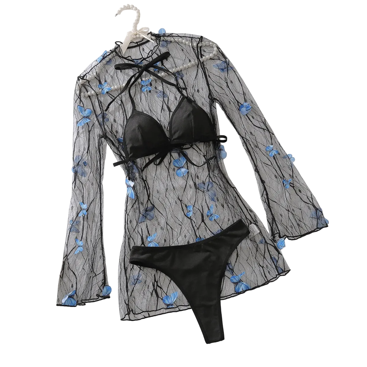 House Of Dasein Sexy Hot Girl Set Mesh Perspective Pure Desire Free Temptation Underwear Three-Piece - Black Blue - S
