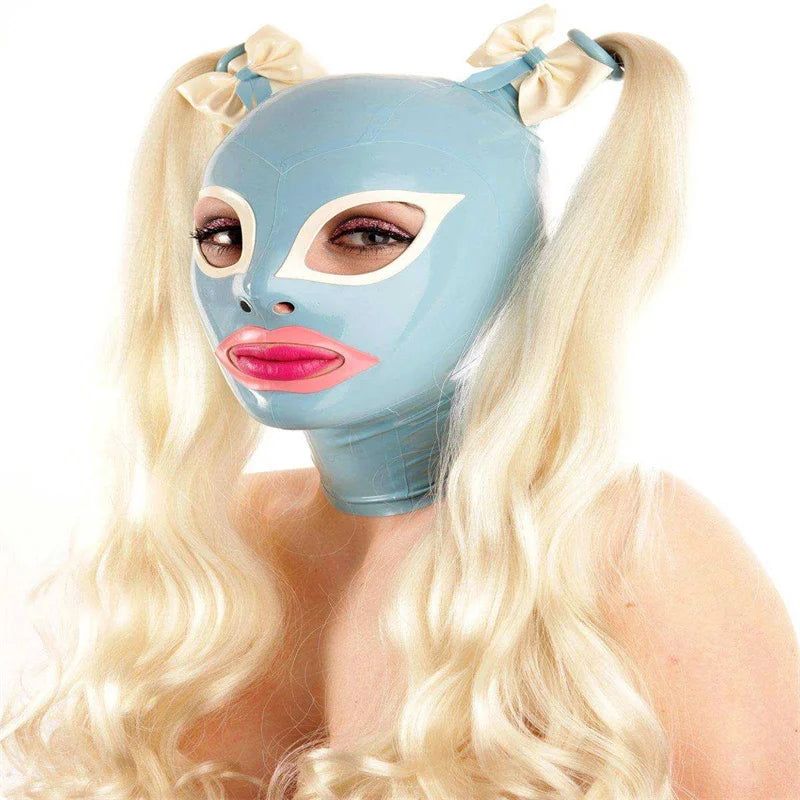 House Of Dasein Handmade Latex Hood Fetish Rubber Mask With Braid Wigs Back Zipper Club Wear - Light Blue - Xxl Main image