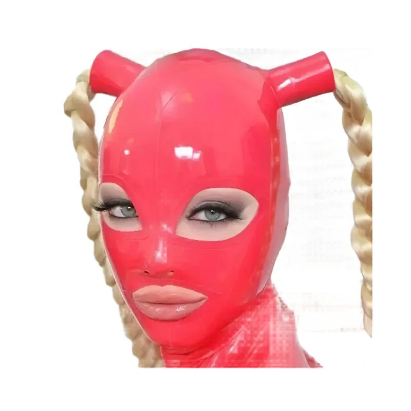 House Of Dasein 100 Percent Latex Mask Rubber Unisex Hood With Pigtails Fetish Two Braid Wigs Headgear Customized - Red - Customized