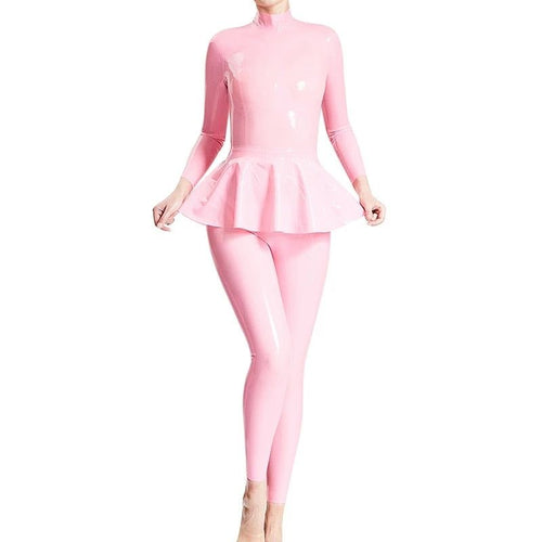 House Of Dasein Pink Latex Catsuit With Swing Skirt In Middle Back Zipper Rubber Body Suit Costume - Baby Pink - Xxxl