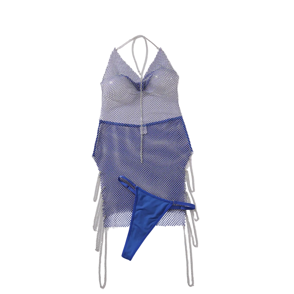 House Of Dasein Hot Stamping Mesh Fabric Perspective Sexy Swing Collar Suspender Dress With Exposed Backpack Buttocks Skirt - Blue - L