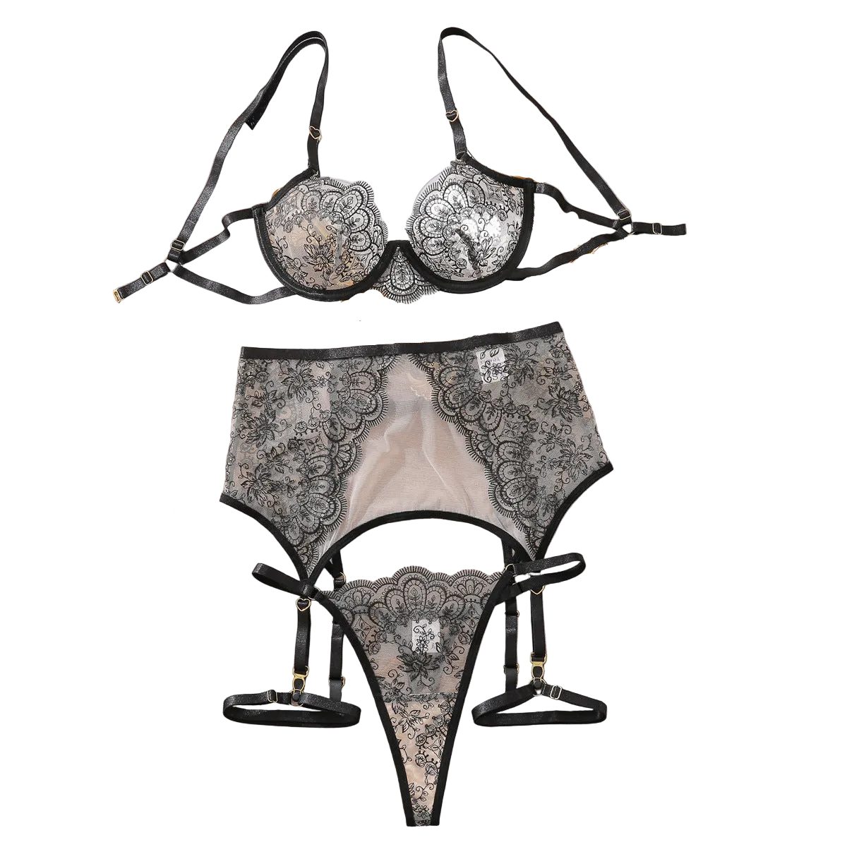 House Of Dasein Perspective Fun Set Embroidered Fishbone Lace Sexy Gathering Underwear Four Piece - Black Skin Color - S