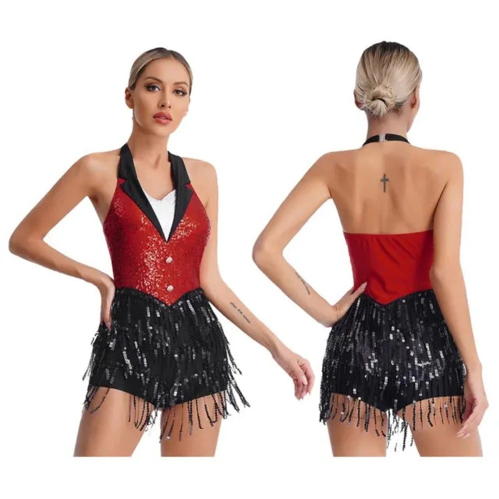 House Of Dasein Womens Jazz Latin Dance Performance Costume Halter Backless Sequins Jumpsuit - Red - S