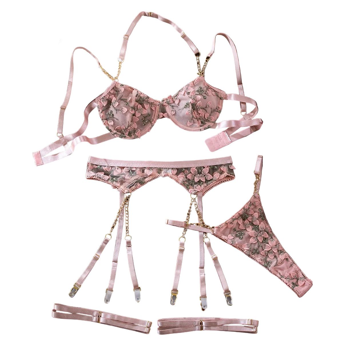 House Of Dasein Embroidered Floral Sheer Sexy Chain Bra Set - Pink - S