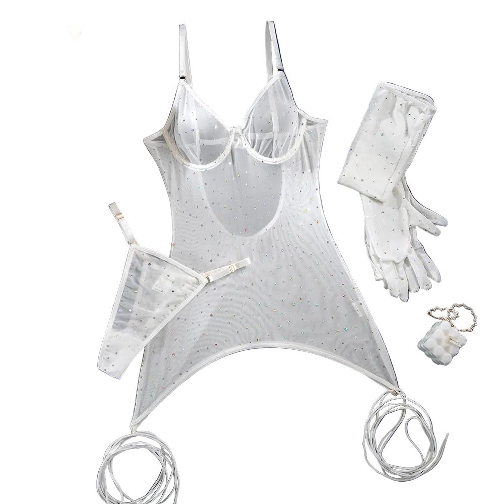 House Of Dasein Sequin Feature Women's Nightclub Style Push-Up Bra With Gloves And Wrist Straps Three-Piece Set - White Sequins - S
