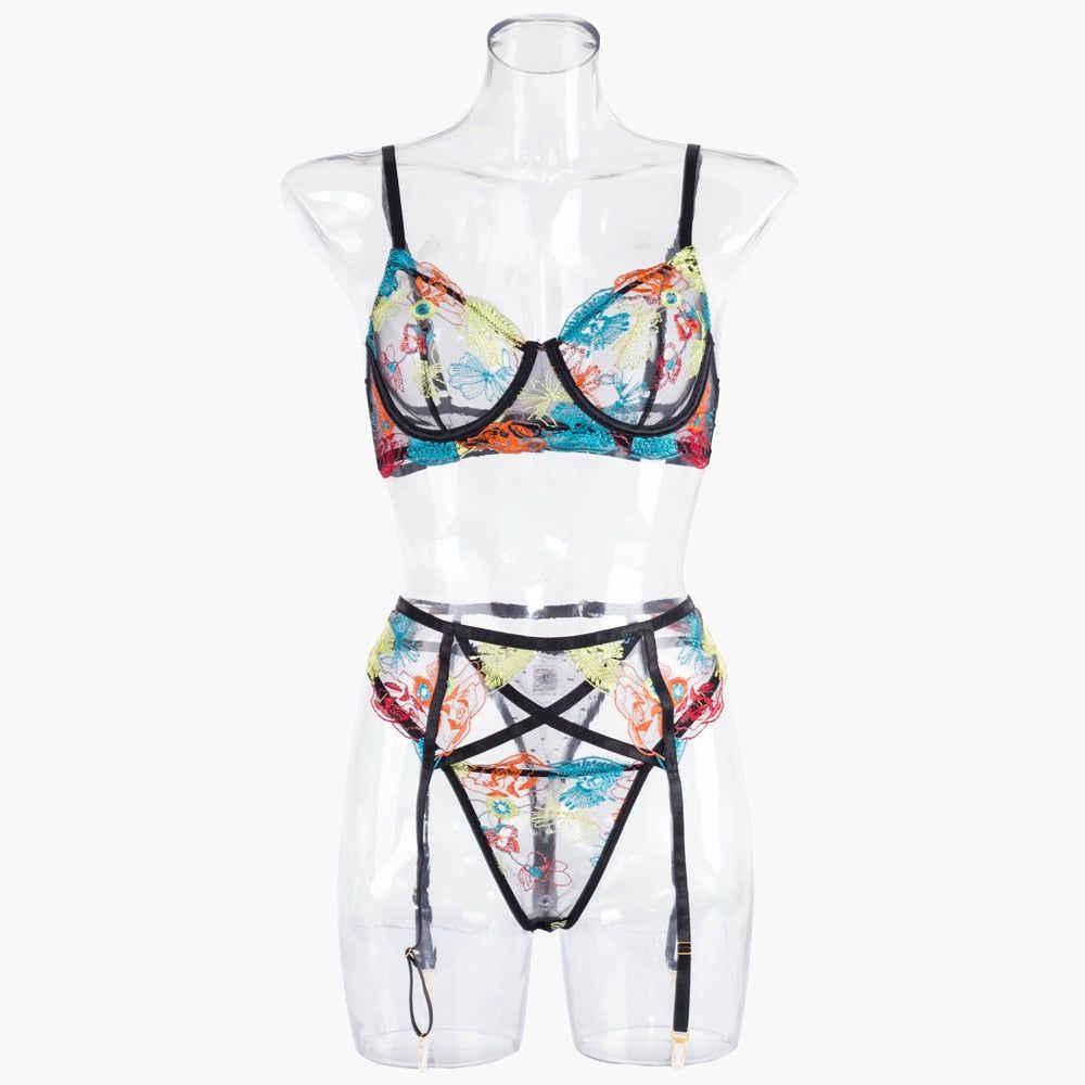 House Of Dasein Delicate Sheer Floral Sexy Lingerie Set Bra Garter Belt Panties Size Cm Under - L