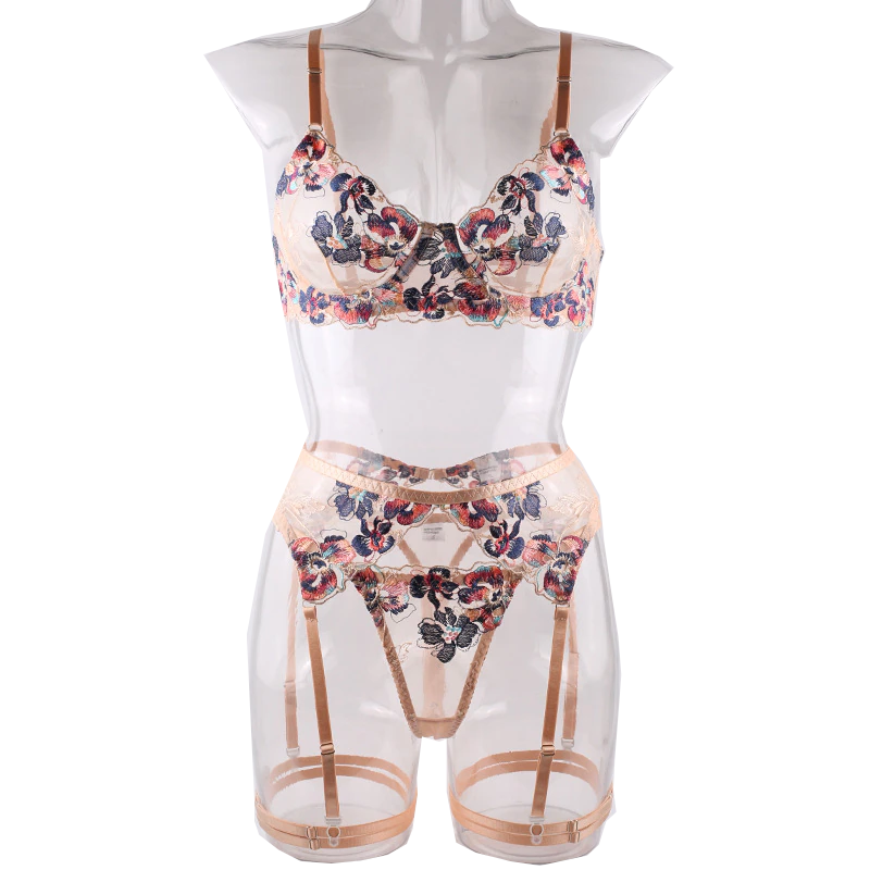 House Of Dasein Feminine Sheer Floral Flowers Lace Bra Panties Garter Belt Lingerie Set - Apricot - Xl