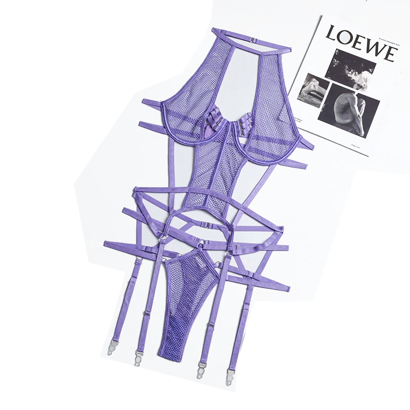 House Of Dasein Mesh Sexy Strappy Bandage Bodysuit Women Lingerie Colour Black Royal Blue White - Purple - S