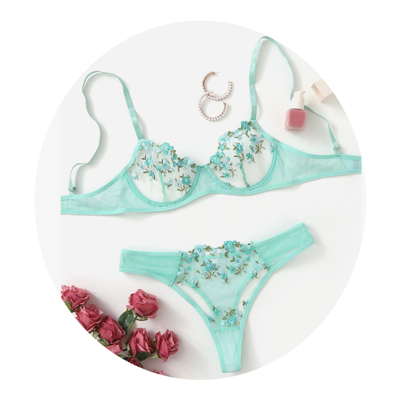 House Of Dasein Sexy Sheer Delicate Floral Embroidery Transparent Lingerie Bra Panties Set - Mint - S