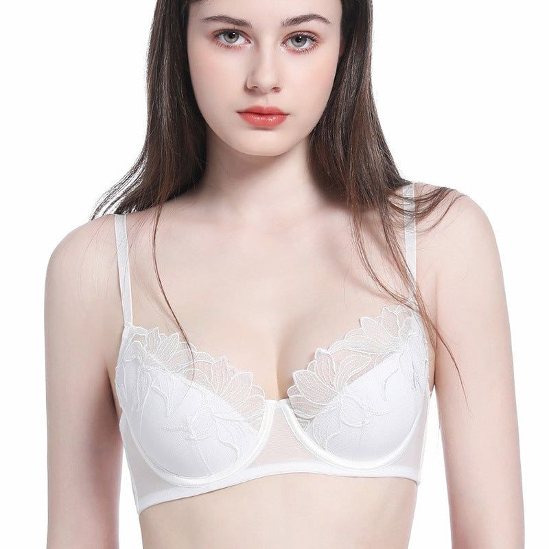 House Of Dasein Sexy Lace Embroidered Underwear Thin Cotton Large Chest Minimizer French Bra Anti-Sagging Plus Size Bustier - White - 90D