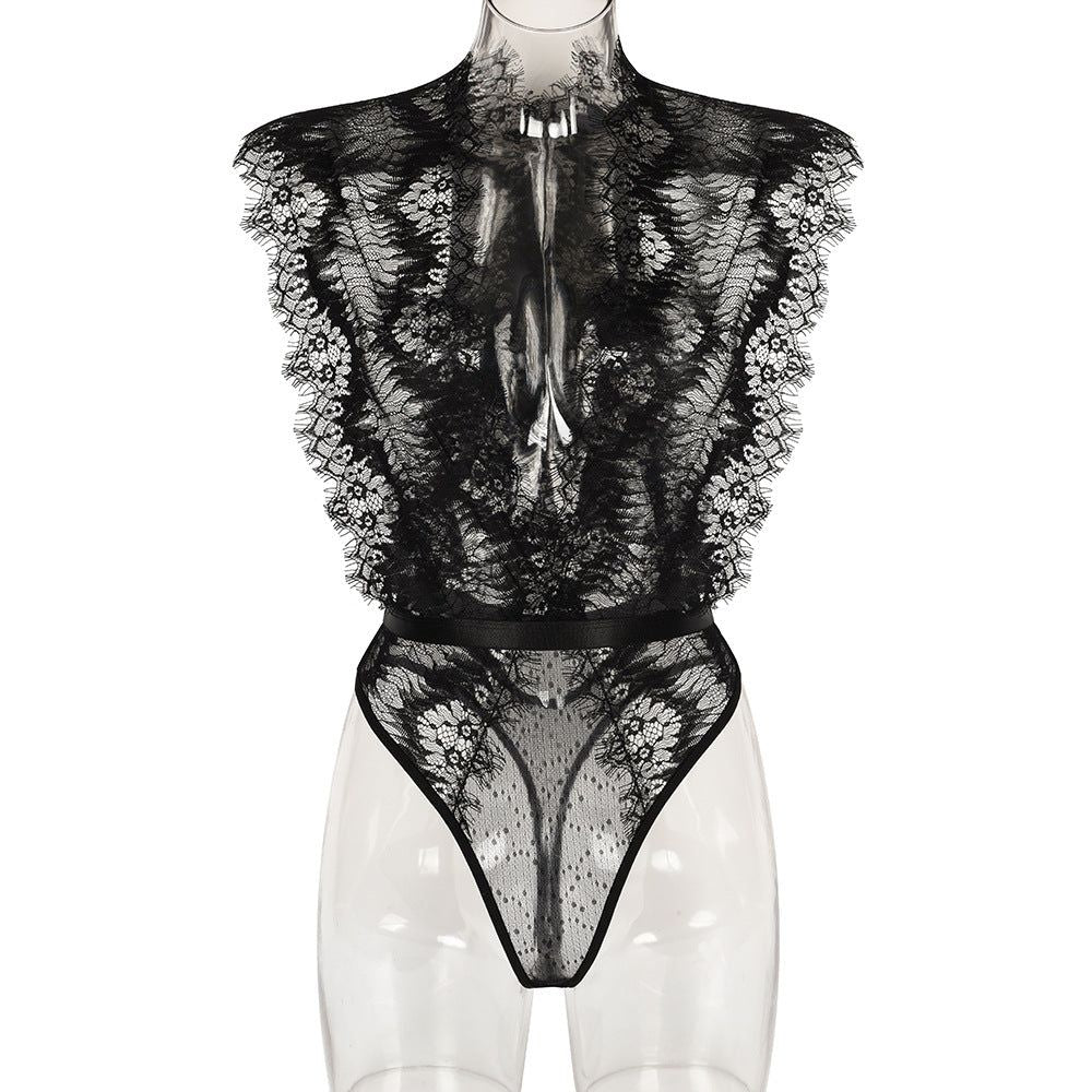 Sexy Lace Splicing Deep V-Neck Slimming Bodysuit Black - Black - S