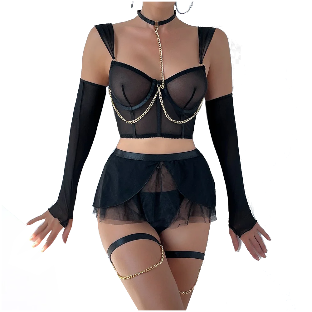 House Of Dasein Cross-Border Pure Desire Style Pink Sexy Transparent Mesh Skirt Uniform With Gloves Erotic Underwear Set - Black - M