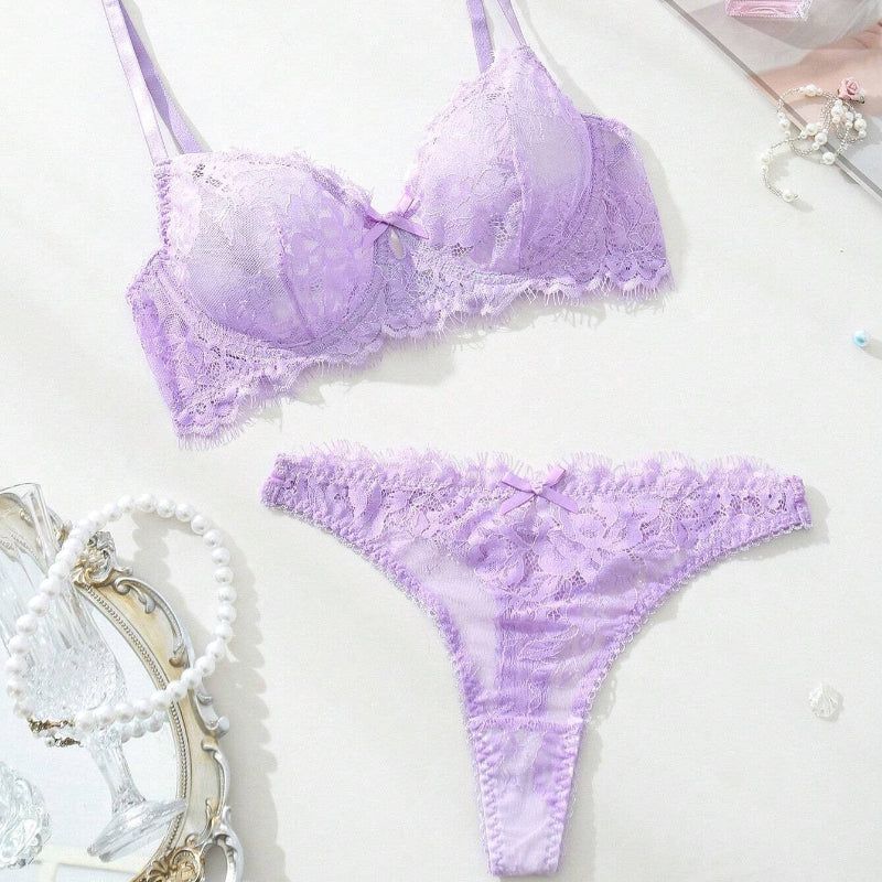 Sexy Lace Purple Bra Set Transparent Ultra-Thin Push-Up Underwear - Purple - M Main image