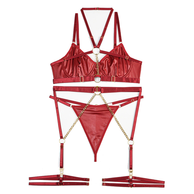 House Of Dasein Pvc Faux Latex Strappy Chain Bondage Fetish Lingerie Women Black Blue Light Pink - Burgundy - M