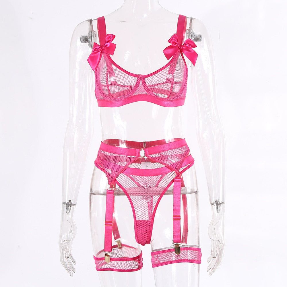 House Of Dasein 5 Piece Bows Mesh Fishnet Sexy See Through Lingerie Set Women Black Blue Neon - Rose - M