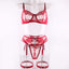 House Of Dasein 5 Piece Luxury See Through Floral Chains Thong Garter Bra Lingerie Set Colour - Red - L