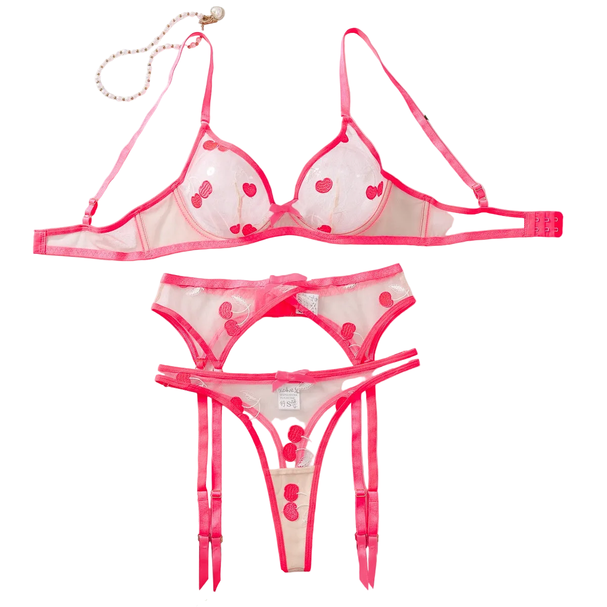 House Of Dasein Embroidered Mesh Perspective Sex Set Sexy Underwear 3 Piece - Pink Beige - L